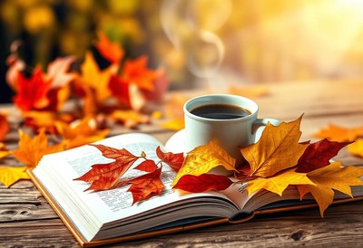 A cup of coffee and an open book on a fall day