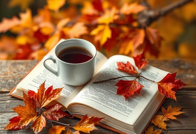 A cup of coffee and a book on a fall day