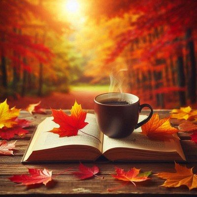 Coffee on a book among fall leaves in the forest
