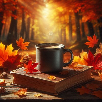 A steaming cup of coffee on a book surrounded by fall leaves