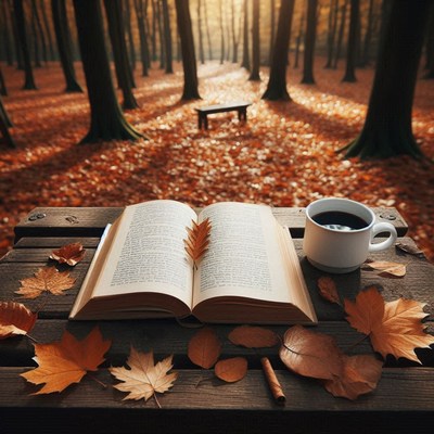 Book, coffee, and leaves create a perfect autumn