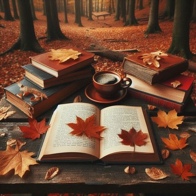 A book and coffee in the autumn woods