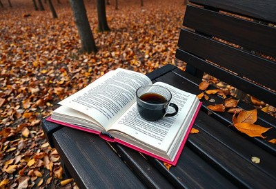 A book, coffee, and fall leaves on a bench