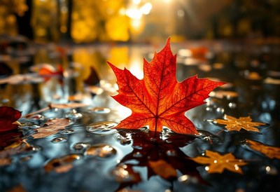 A red maple leaf floats in a puddle on a fall day