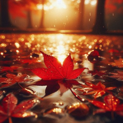 A red maple leaf floats on water at sunset
