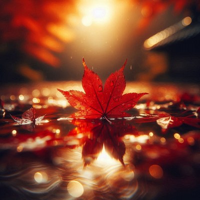 A red maple leaf floats on water during a fall rain