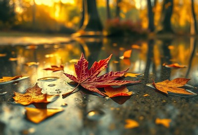 A red leaf rests in a puddle surrounded by fallen leaves