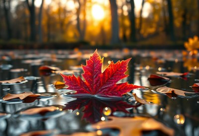 A single red leaf floats in a puddle during a fall sunset