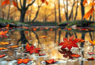 Autumn leaves float on a puddle in the forest