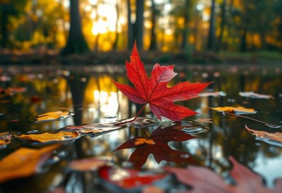 A red leaf floats on a pond in a forest