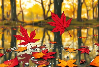 Autumn leaves fall into a pond during a light rain