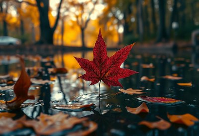 A red maple leaf floats in a puddle after a fall rain