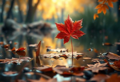One red leaf in water among fallen leaves