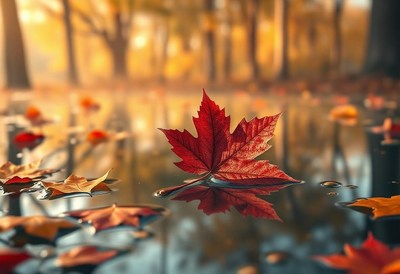 A single red leaf floats in a puddle during autumn