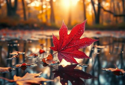 A red leaf floats on a pond in a forest