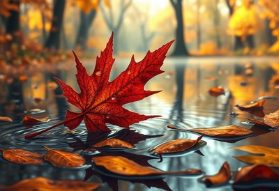 A single red leaf floats on a puddle in the forest