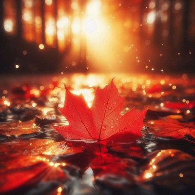 Red maple leaf floats on stream at sunset