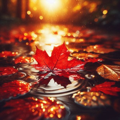 A red leaf floats in a puddle of water