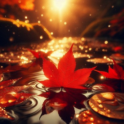A red maple leaf floats on a pond at sunset