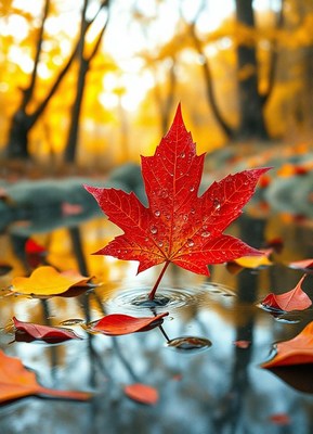Red maple leaf in a puddle of fall leaves