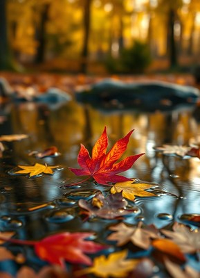 A red maple leaf floats in a puddle of water
