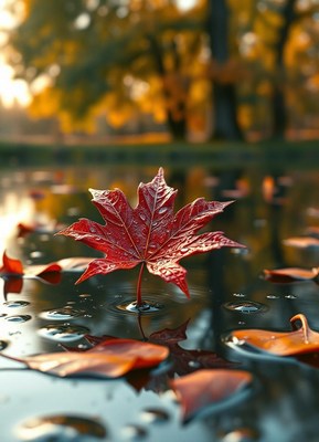 A red leaf floats alone in a pond of leaves