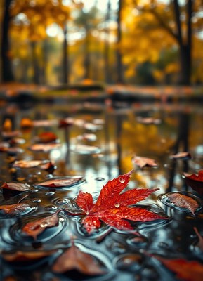 A red leaf floats in a puddle surrounded by fall foliage