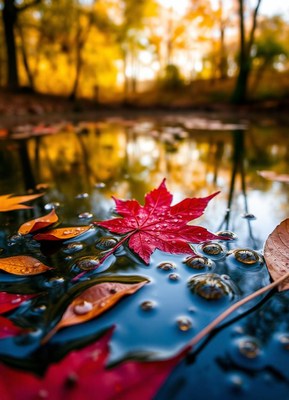 A single red leaf floats on a pond in the forest