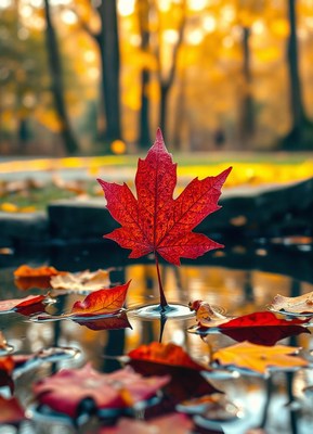 A red maple leaf floats on a pond in the fall