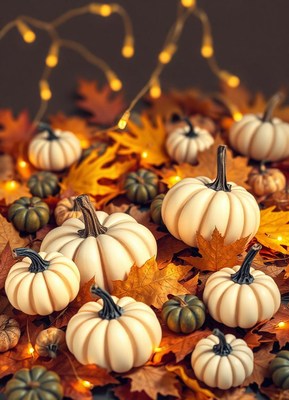 White pumpkins sit among fallen leaves and string lights