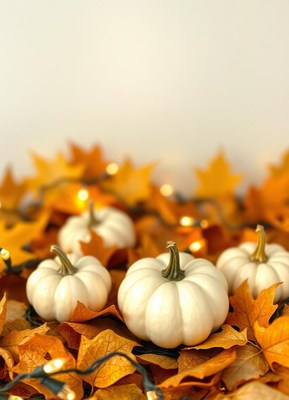 White pumpkins sit on a bed of fall leaves