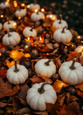 White pumpkins and lights on autumn leaves