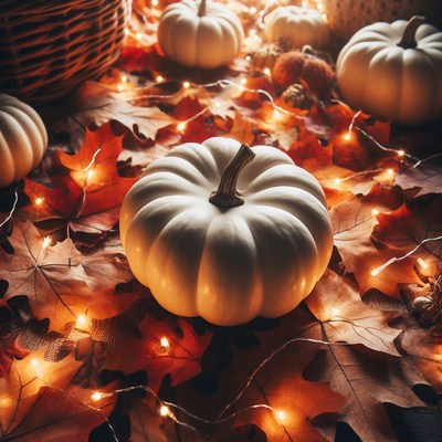 White pumpkins on fall leaves with string lights