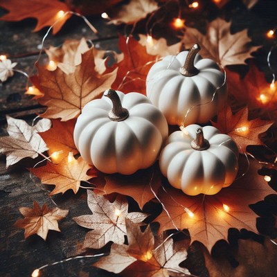 White pumpkins sit on brown leaves with string lights