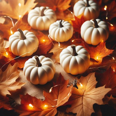 White pumpkins sit amongst autumn leaves and string lights