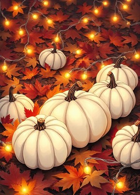 White pumpkins sit among autumn leaves and lights