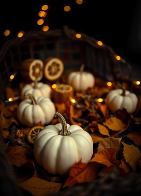 White pumpkins rest on autumn leaves