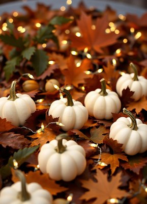 White pumpkins sit amongst autumn leaves and string lights