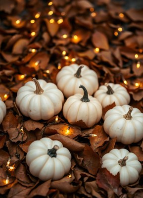 White pumpkins sit on a bed of autumn leaves