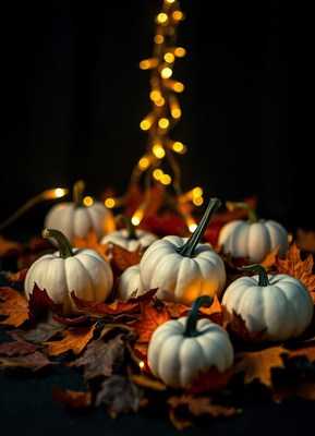 White pumpkins sit on autumn leaves with string lights