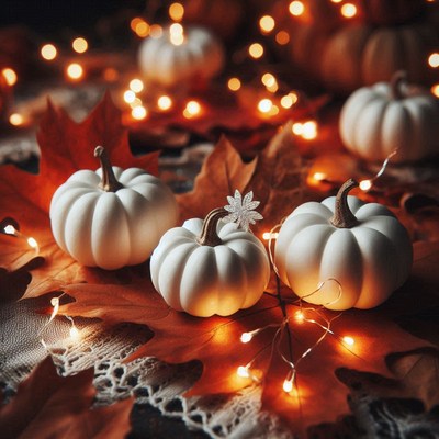White pumpkins on fall leaves with string lights