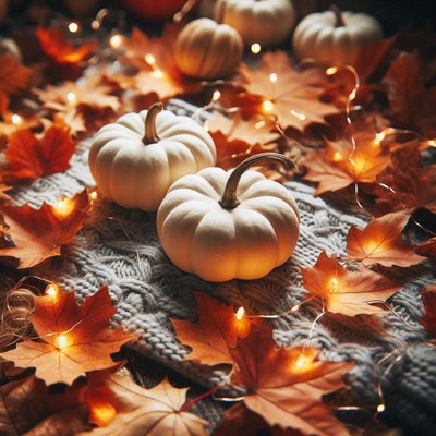 White pumpkins sit on a knitted blanket with fall leaves
