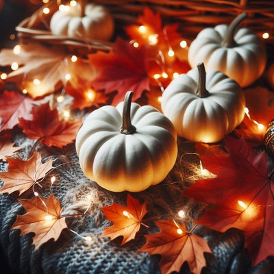 White pumpkins and fall leaves with string lights