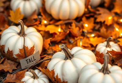 White pumpkins rest on fall leaves
