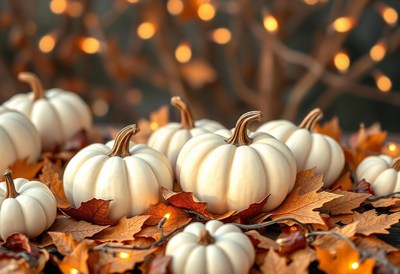 White pumpkins on fall leaves with lights