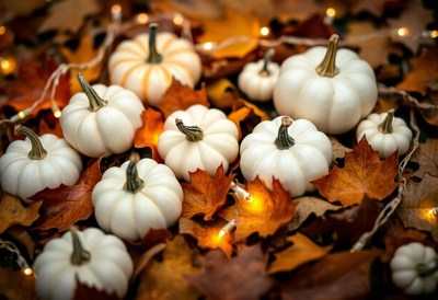 White pumpkins rest on fallen leaves