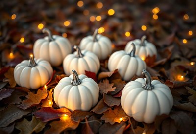 White pumpkins among fall leaves and lights