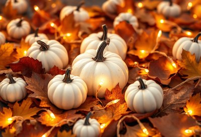 White pumpkins sit on autumn leaves with string lights
