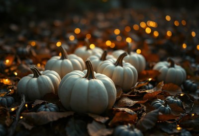 White pumpkins sit amongst leaves and lights