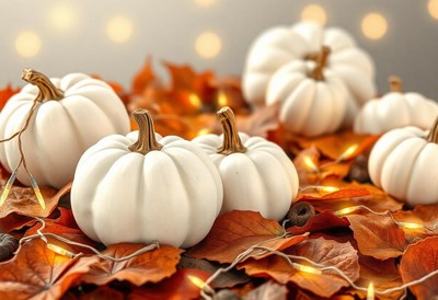 White pumpkins on autumn leaves with string lights